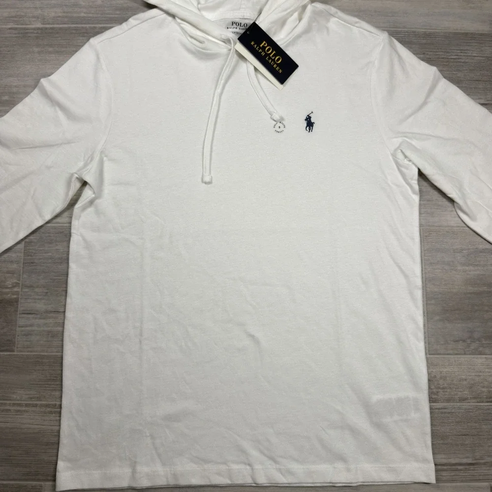 Polo Ralph Lauren Hoodie Shirt Men's Small White Long Sleeve Cotton Tee $69 NWT